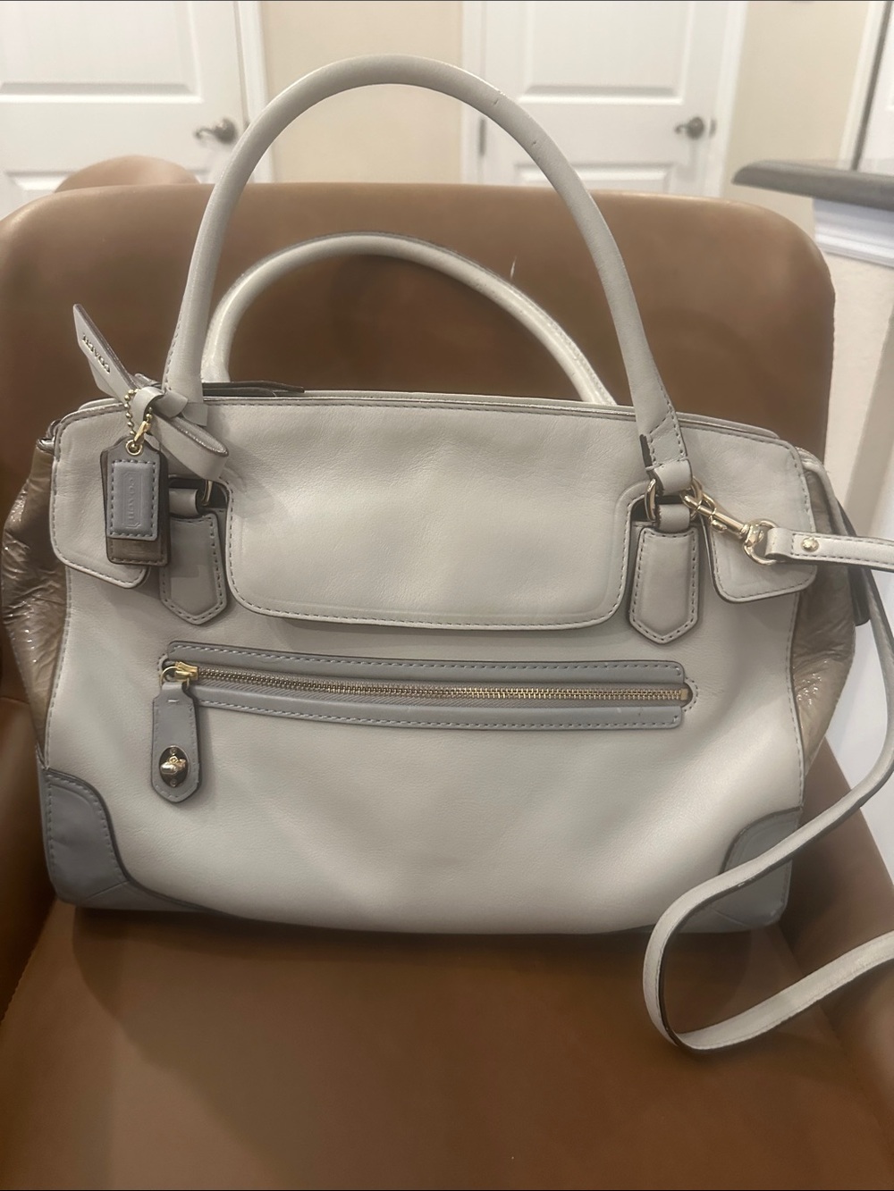 Coach poppy Two-Tone Light Gray and Gold Leather Satchel